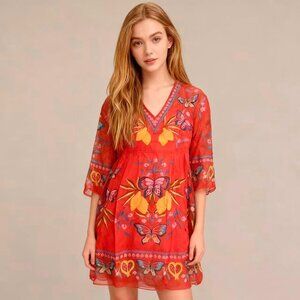 $350 NWT Johnny Was Jade Barbara Floral V Neck Silk Chiffon Red Dress Kaftan S